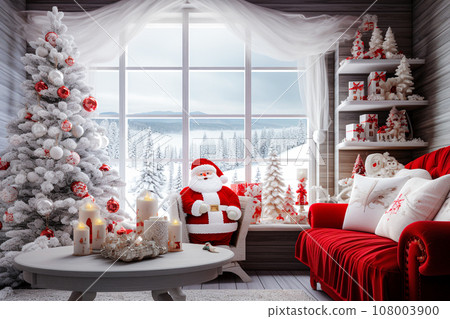 Christmas interior with a large window overlooking the snowy mountains. Christmas and New Year concept 108003900