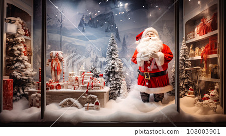 Santa Claus in a shop window. Christmas and New Year concept. Santa Claus in a shop window. Christmas and New Year concept. 108003901
