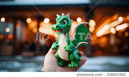 Hand holding a green dragon toy on the background of the Christmas market. Selective Focus 108003985