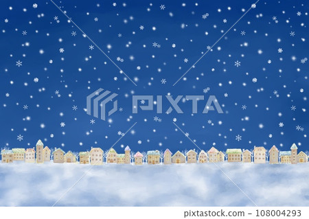 Illustration of a snowy night in a European style city. A landscape lined with houses sparkling with illumination. 108004293