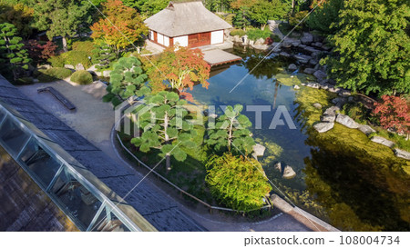 Amazing morning drone point of view of Japanese garden of Botanical garden "Planten un Blomen" Amazing morning drone point of view of Japanese garden of Botanical garden "Planten un Blomen" 108004734