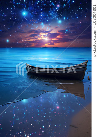 A magical silhouette of a boat cuts across the sparkle of starlit water - generative AI 108004801
