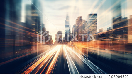 cityscape with blurred background and light trails - generative AI 108004803