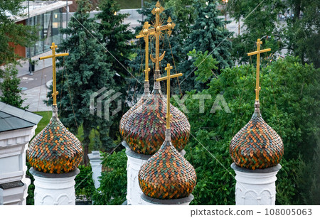 Crosses on the domes of the Church of St. Nicholas the Wonderworker in Golutvin (Chinese courtyard) in the center of Moscow. Crosses on the domes of the Church of St. Nicholas the Wonderworker in Golutvin (Chinese courtyard) in the center of Moscow. 108005063