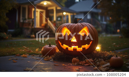 Big jack-o'-lantern decorated with light. Generative AI. 108005204