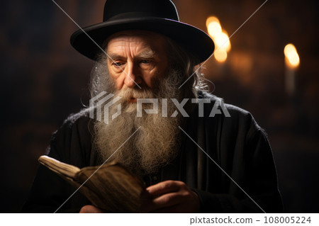 Old Jewish Orthodox man reading holy book, portrait of bearded Jew in black hat. Face of pensive reflective Israeli person. Concept of rabbi, prayer, think 108005224