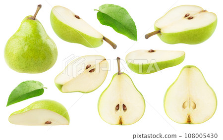 Collection of cut pear fruits and leaves, isolated on white background Collection of cut pear fruits and leaves, isolated on white background 108005430