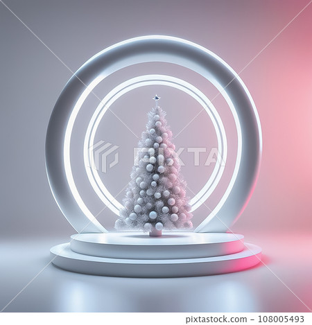 A white Christmas tree stands on a future-oriented stage and is illuminated by ring lights. A white Christmas tree stands on a future-oriented stage and is illuminated by ring lights. 108005493