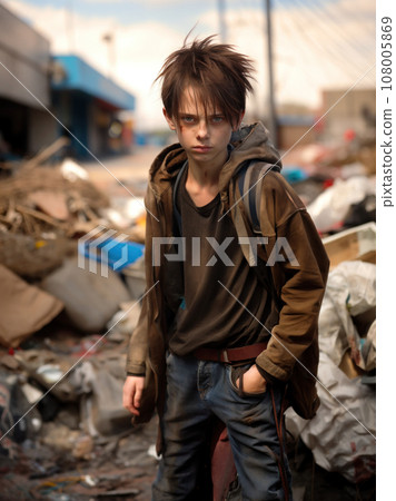Boy with messy hair stands amidst trash heaps in dystopian urban slum setting 108005869