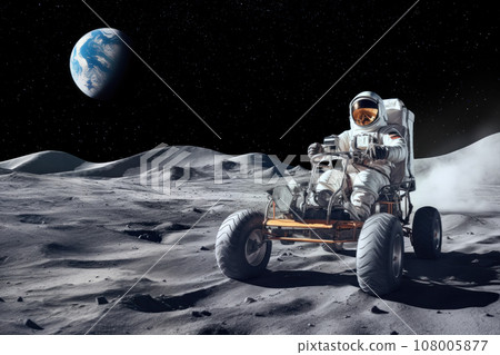Astronaut driving a space rover on the moon's surface 108005877