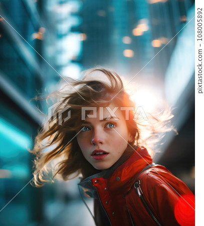 Young woman with a alert expression looking over her shoulder, hinting at the dangers of the big city 108005892