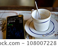 The Empty Cup of cappuccino on a wooden table in a cafe. Beautiful foam, white ceramic cup, copy space. 108007228