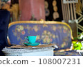 The Cup of cappuccino on a wooden table in a cafe. Beautiful foam, white ceramic cup, copy space. 108007231
