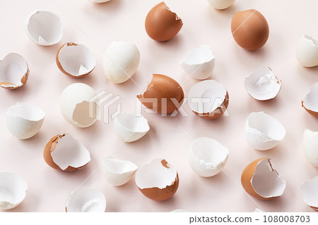 Springtime easter layout. Empty broken chicken eggshells. Springtime easter layout. Empty broken chicken eggshells. 108008703