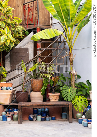 Collection of pots and plants decorate entrance to the floral store. 108008707