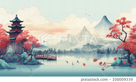Kyoto style cityscape illustration background material 108009339