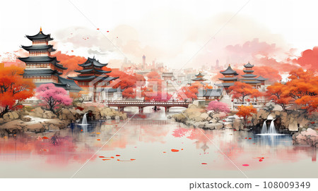 京都風格的城市景觀插畫背景素材 京都風格的城市景觀插畫背景素材 108009349