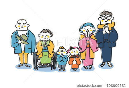 Illustration material of a three-generation family including a woman and a man in a wheelchair visiting the shrine 108009581