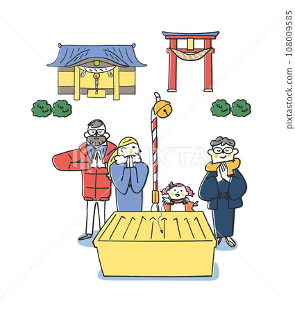 A child and father throwing money, foreign tourists looking at it, illustration material 108009585