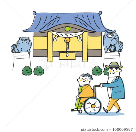 An old man visiting a shrine pushing a wheelchair with his wife in a kimono sitting on it Illustration material 108009597