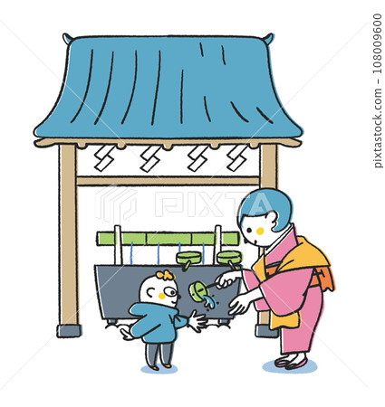 父母和孩子在神社用水淨化自己的插圖素材 父母和孩子在神社用水淨化自己的插圖素材 108009600