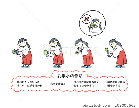 Illustration material of a shrine maiden demonstrating the etiquette steps for washing your hands Illustration material of a shrine maiden demonstrating the etiquette steps for washing your hands 108009602