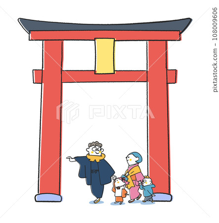 新年參拜時一家人穿過大鳥居參拜神社 - 插圖素材 108009606