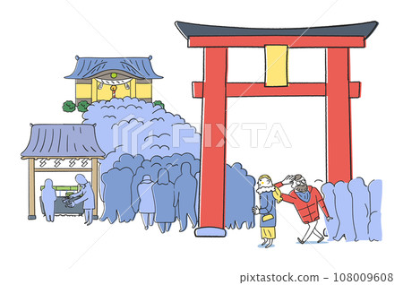 Illustration material of foreign tourists passing through a large torii gate and visiting a crowded shrine for New Year's visit. Illustration material of foreign tourists passing through a large torii gate and visiting a crowded shrine for New Year's visit. 108009608