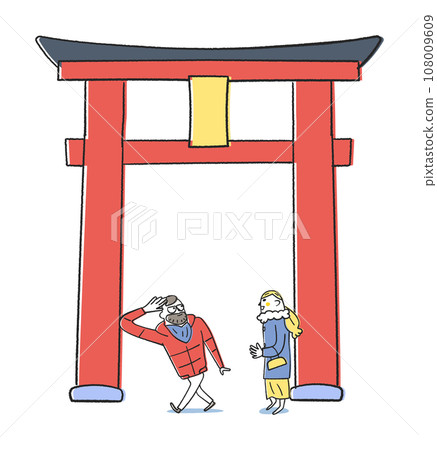 Foreign tourists passing through a large torii gate to visit the shrine on New Year's visit - Illustration material Foreign tourists passing through a large torii gate to visit the shrine on New Year's visit - Illustration material 108009609