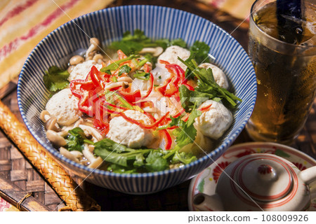 Pho with chicken dumplings Vietnamese cuisine Pho with chicken dumplings Vietnamese cuisine 108009926