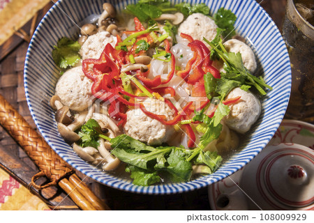 Pho with chicken dumplings Vietnamese cuisine Pho with chicken dumplings Vietnamese cuisine 108009929