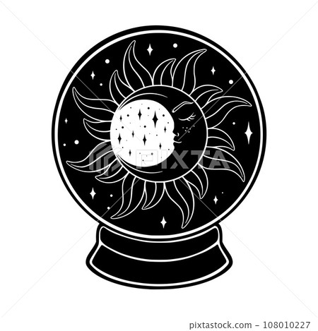 Crystall ball with crescent moon. Witch occult spiritual ball with mystic powers. Vector illustration Crystall ball with crescent moon. Witch occult spiritual ball with mystic powers. Vector illustration 108010227