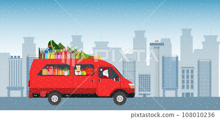 Santa Claus driving a red courier van and delivering gifts in the city street. Santa Claus driving a red courier van and delivering gifts in the city street. 108010236