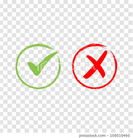 Check mark icon and cross sign isolated on transparent grid background Check mark icon and cross sign isolated on transparent grid background 108010460