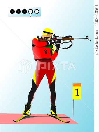 Sportsman biathlete aiming,  rifle shooting in standing position. 108010561