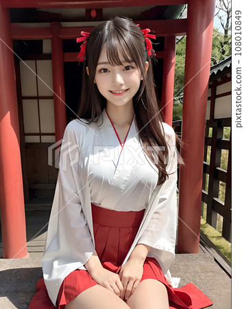 AI image: A young woman in a shrine maiden costume smiling in the precincts of a shrine AI image: A young woman in a shrine maiden costume smiling in the precincts of a shrine 108010849