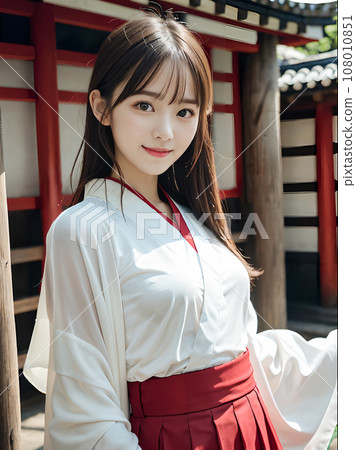 AI 圖片：神社內穿著巫女服裝微笑的年輕女子 108010851