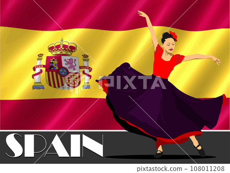 Beautiful young woman dancing flamenco on Spain flag background. Beautiful young woman dancing flamenco on Spain flag background. 108011208