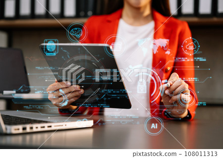 Network security. business using digital tablet and computer with digital padlock for data protection, internet technology networking and cyber security technology. 108011313