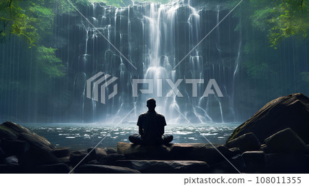 Silhouette of a man meditating on beautiful waterfall Silhouette of a man meditating on beautiful waterfall 108011355