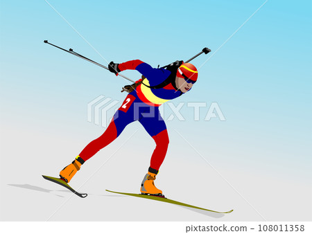 Biathlon runner colored silhouette. Biathlon runner colored silhouette. 108011358