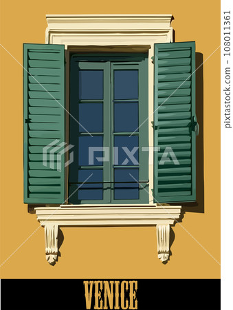 Colourful window with flowers and shutters. Venetian shutters. Colourful window with flowers and shutters. Venetian shutters. 108011361