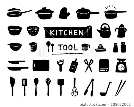 Hand-drawn kitchen icon set monochrome 108012001