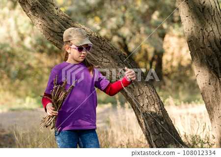 Child collects brushwood during hike 108012334