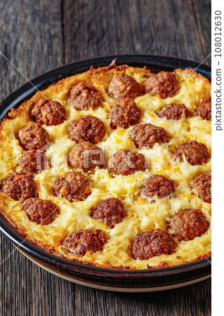 Meatball Hash Brown Casserole in baking dish Meatball Hash Brown Casserole in baking dish 108012630