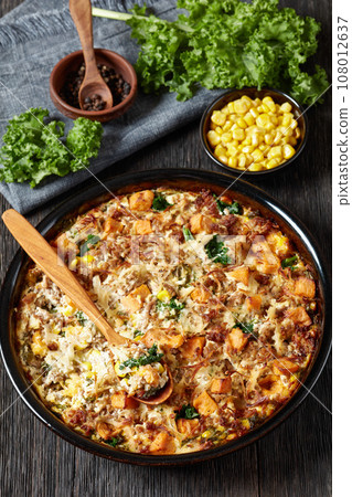 Sausage Hash Brown Breakfast Casserole, top view Sausage Hash Brown Breakfast Casserole, top view 108012637
