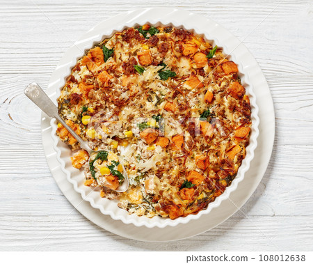 Sausage Hash Brown Breakfast Casserole, top view 108012638