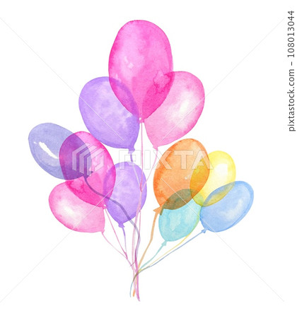 Watercolor air balloons. Hand drawn  pink, blue, purple, orange balloons isolated on white background. 108013044
