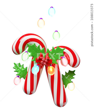 candy cane with red bow, holly berry leaves, glass transparent lamp. merry christmas and happy new year, 3d render illustration candy cane with red bow, holly berry leaves, glass transparent lamp. merry christmas and happy new year, 3d render illustration 108013373