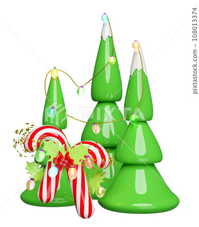 candy cane with red bow, holly berry leaves, christmas tree, glass transparent lamp garlands. merry christmas and happy new year, 3d render illustration candy cane with red bow, holly berry leaves, christmas tree, glass transparent lamp garlands. merry christmas and happy new year, 3d render illustration 108013374